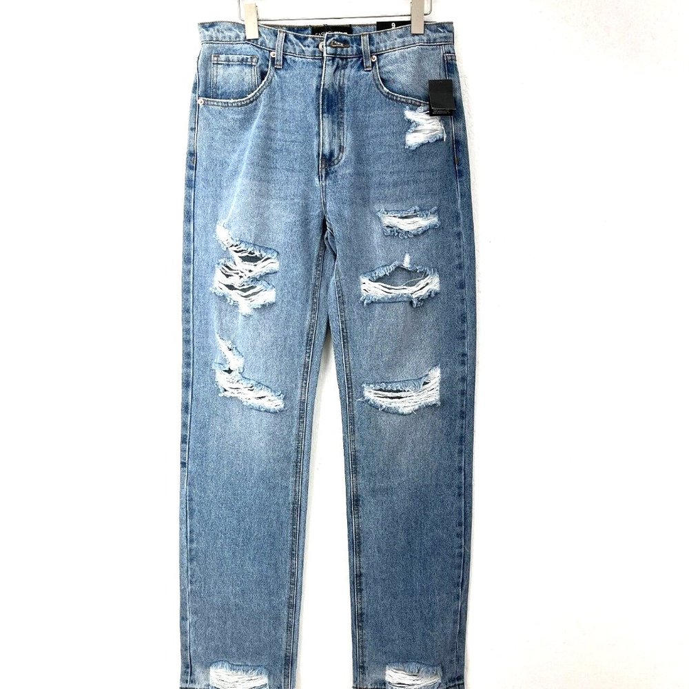 Fashion Nova Blue Medium Wash Shredded Straight Jeans Size 9 NWT